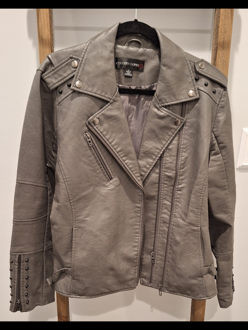 Colleen Lopez Grey Faux-Leather Bomber Jacket with Stud Accents